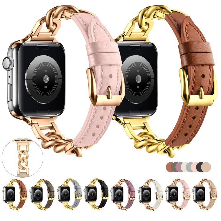 For Apple Watch Series 3 42mm Chain Genuine Leather Watch Band, Size: S(Gold Black)