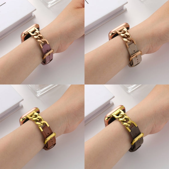 For Apple Watch Series 5 44mm Chain Genuine Leather Watch Band, Size: S(Rose Gold Pink)
