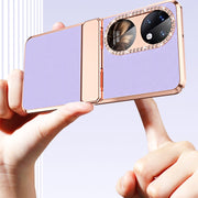 For Huawei P50 Pocket Plated Plain Leather Folding Phone Case with Hinge(Pink)