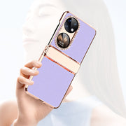 For Huawei P50 Pocket Plated Plain Leather Folding Phone Case with Hinge(Pink)