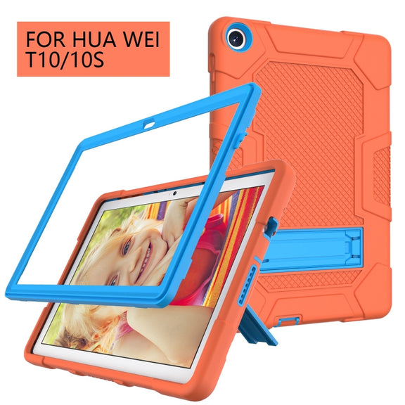 For Huawei MatePad T 10s / T10 Contrast Color Robot B3 Silicone Hybrid PC Tablet Case with Holder(Orange Blue)