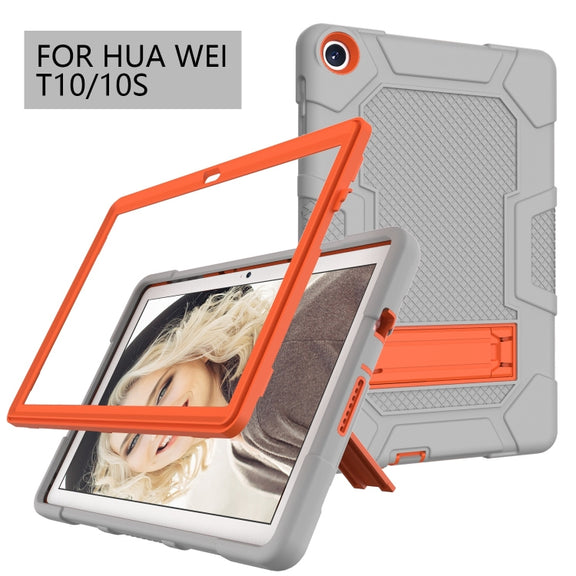 For Huawei MatePad T 10s / T10 Contrast Color Robot B3 Silicone Hybrid PC Tablet Case with Holder(Grey Orange)
