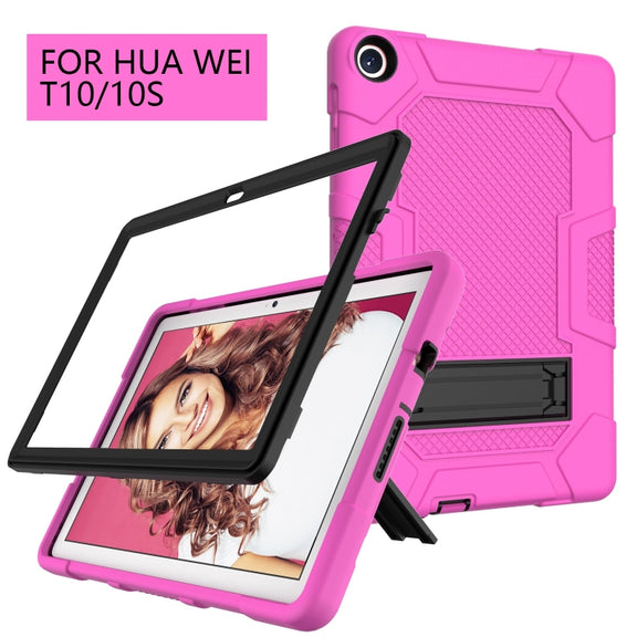 For Huawei MatePad T 10s / T10 Contrast Color Robot B3 Silicone Hybrid PC Tablet Case with Holder(Rose Red Black)