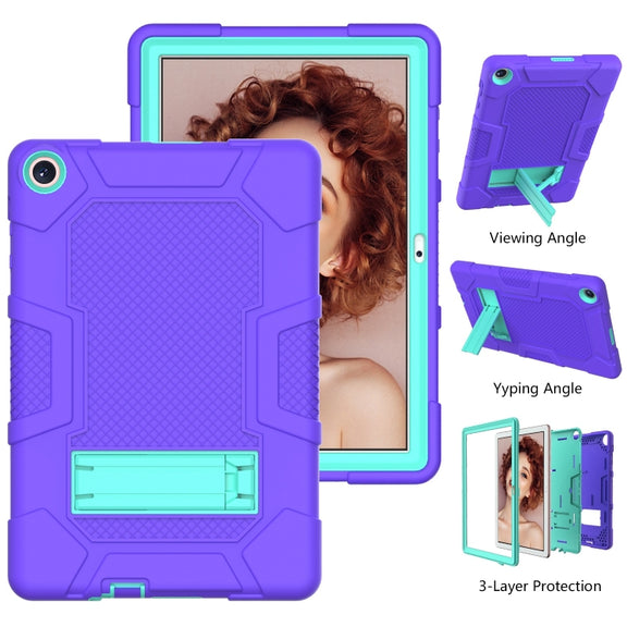 For Huawei MatePad T 10s / T10 Contrast Color Robot B3 Silicone Hybrid PC Tablet Case with Holder(Purple Mint Green)