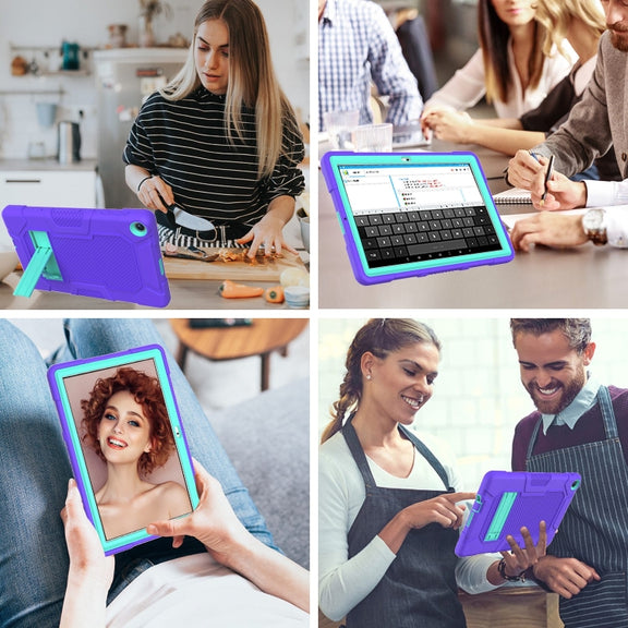 For Huawei MatePad T 10s / T10 Contrast Color Robot B3 Silicone Hybrid PC Tablet Case with Holder(Purple Mint Green)