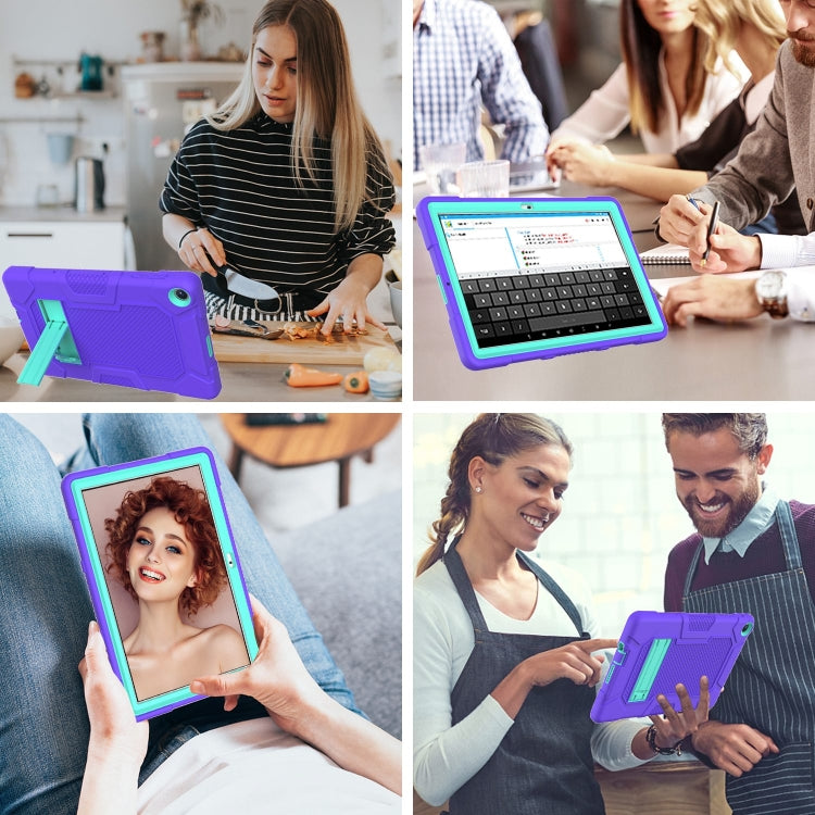 For Huawei MatePad T 10s / T10 Contrast Color Robot B3 Silicone Hybrid PC Tablet Case with Holder(Purple Mint Green)