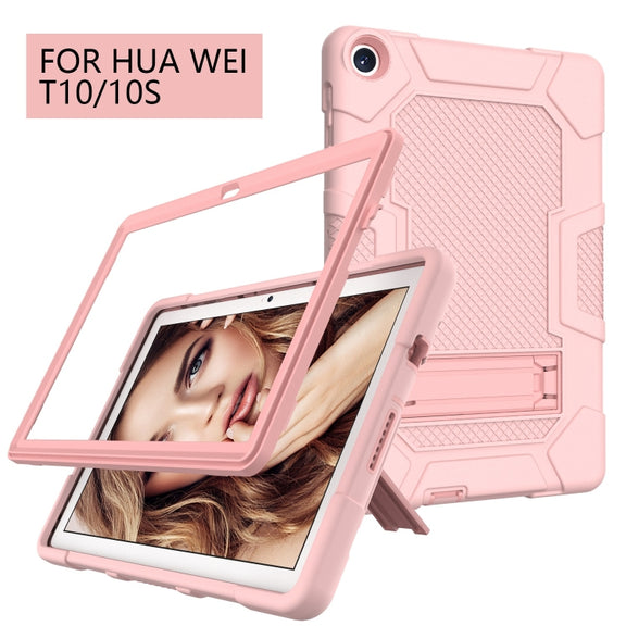 For Huawei MatePad T 10s / T10 Contrast Color Robot B3 Silicone Hybrid PC Tablet Case with Holder(Rose Gold)