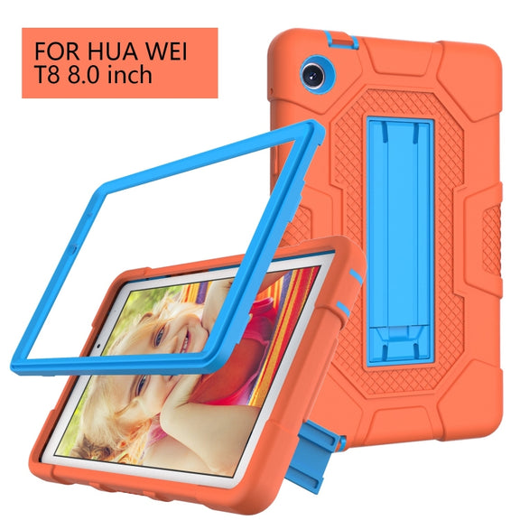 For Huawei MatePad T8 Contrast Color Robot B3 Silicone Hybrid PC Tablet Case with Holder(Orange Blue)