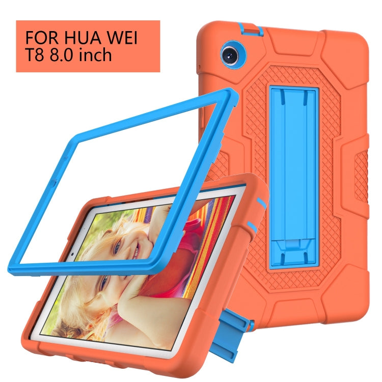 For Huawei MatePad T8 Contrast Color Robot B3 Silicone Hybrid PC Tablet Case with Holder(Orange Blue)