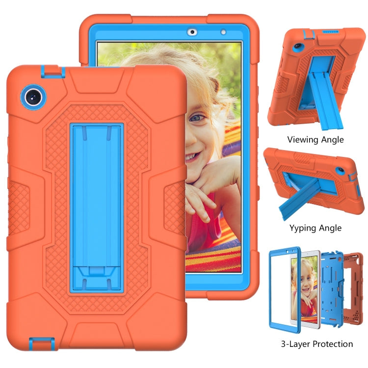 For Huawei MatePad T8 Contrast Color Robot B3 Silicone Hybrid PC Tablet Case with Holder(Orange Blue)
