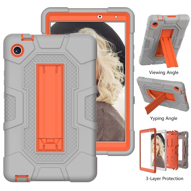 For Huawei MatePad T8 Contrast Color Robot B3 Silicone Hybrid PC Tablet Case with Holder(Grey Orange)