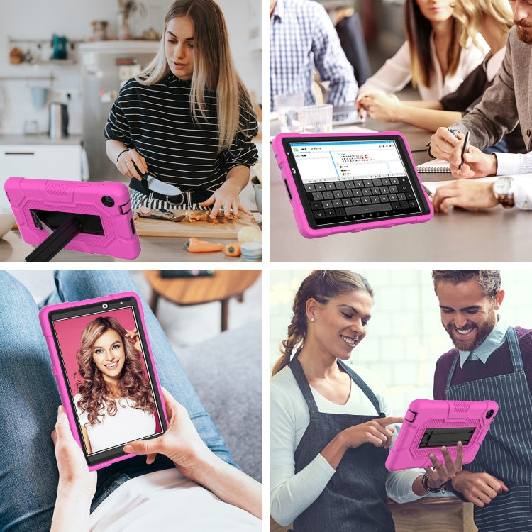 For Huawei MatePad T8 Contrast Color Robot B3 Silicone Hybrid PC Tablet Case with Holder(Rose Red Black)