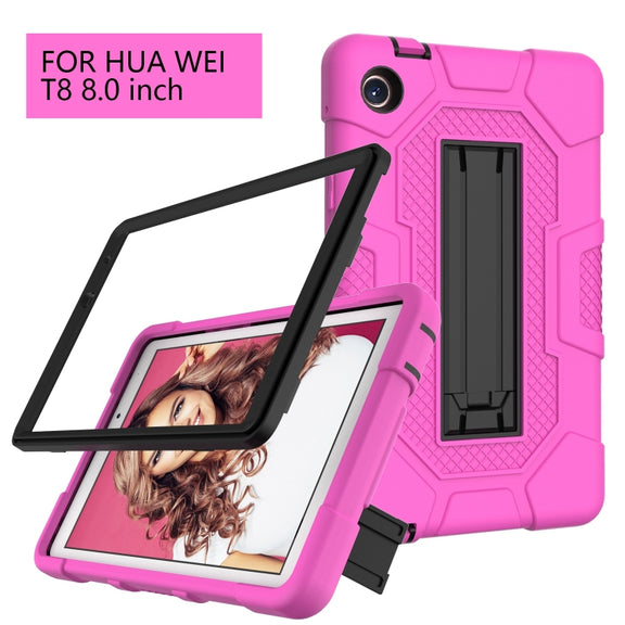 For Huawei MatePad T8 Contrast Color Robot B3 Silicone Hybrid PC Tablet Case with Holder(Rose Red Black)
