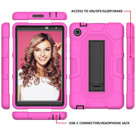 For Huawei MatePad T8 Contrast Color Robot B3 Silicone Hybrid PC Tablet Case with Holder(Rose Red Black)