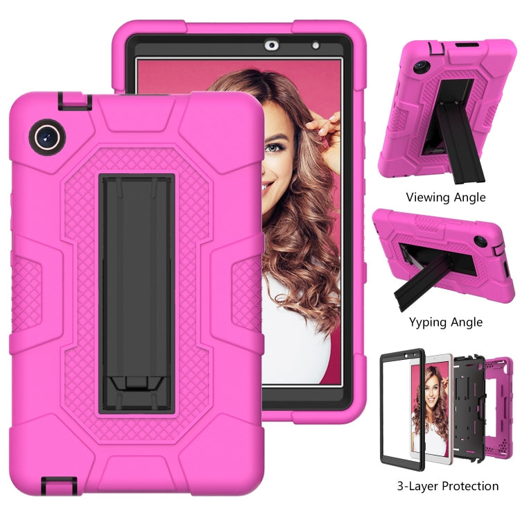 For Huawei MatePad T8 Contrast Color Robot B3 Silicone Hybrid PC Tablet Case with Holder(Rose Red Black)