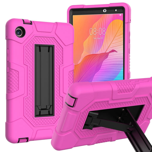 For Huawei MatePad T8 Contrast Color Robot B3 Silicone Hybrid PC Tablet Case with Holder(Rose Red Black)