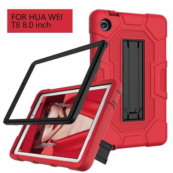 For Huawei MatePad T8 Contrast Color Robot B3 Silicone Hybrid PC Tablet Case with Holder(Red Black)