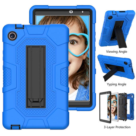 For Huawei MatePad T8 Contrast Color Robot B3 Silicone Hybrid PC Tablet Case with Holder(Blue Black)