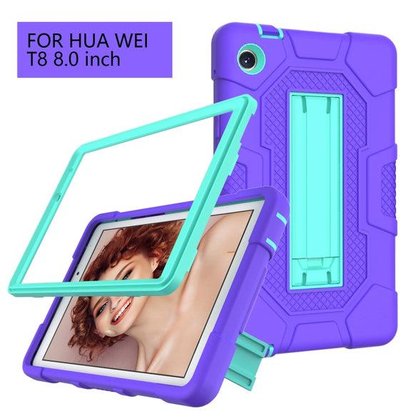 For Huawei MatePad T8 Contrast Color Robot B3 Silicone Hybrid PC Tablet Case with Holder(Purple Mint Green)