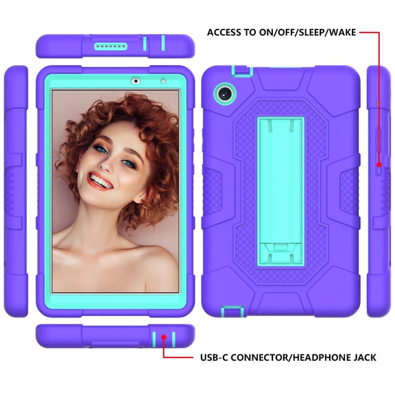 For Huawei MatePad T8 Contrast Color Robot B3 Silicone Hybrid PC Tablet Case with Holder(Purple Mint Green)