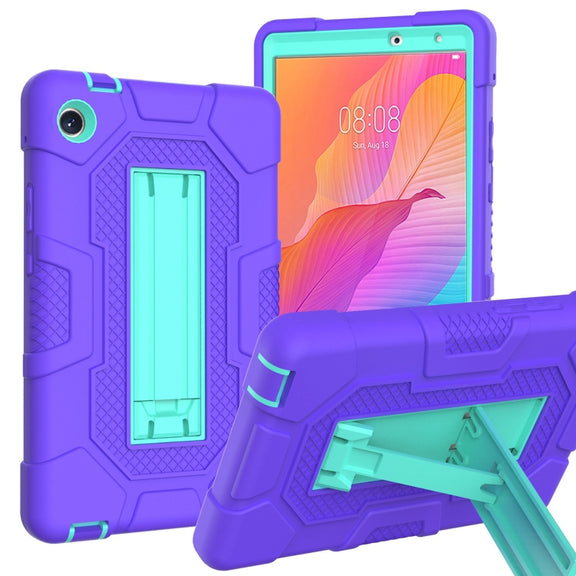 For Huawei MatePad T8 Contrast Color Robot B3 Silicone Hybrid PC Tablet Case with Holder(Purple Mint Green)