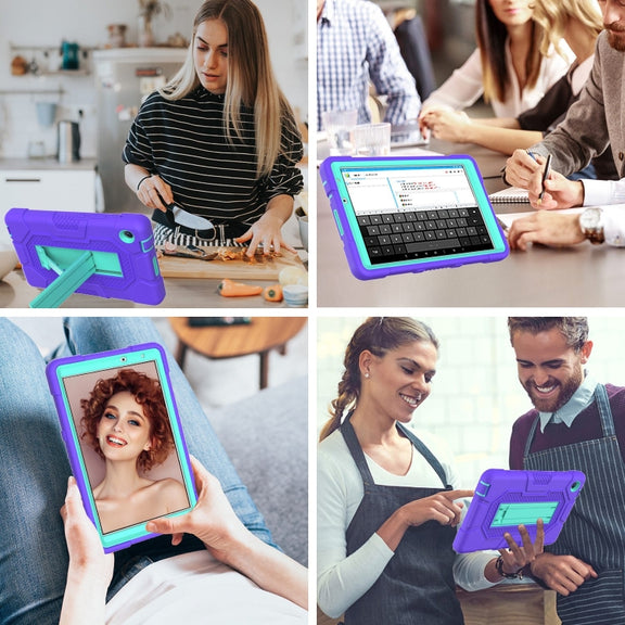 For Huawei MatePad T8 Contrast Color Robot B3 Silicone Hybrid PC Tablet Case with Holder(Purple Mint Green)