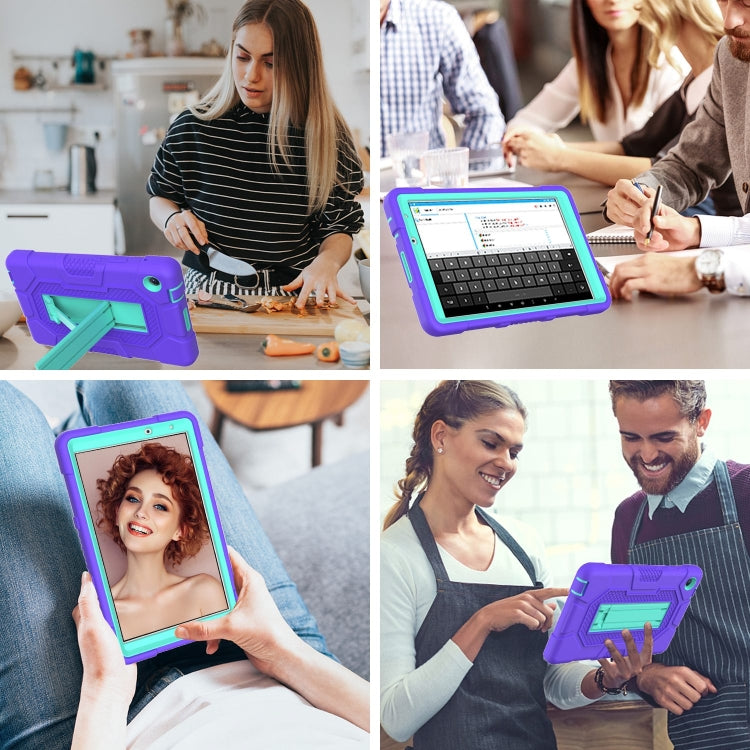 For Huawei MatePad T8 Contrast Color Robot B3 Silicone Hybrid PC Tablet Case with Holder(Purple Mint Green)