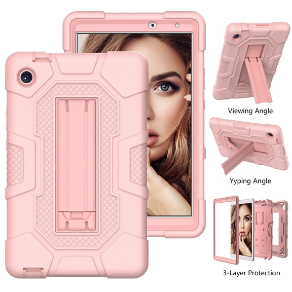 For Huawei MatePad T8 Contrast Color Robot B3 Silicone Hybrid PC Tablet Case with Holder(Rose Gold)