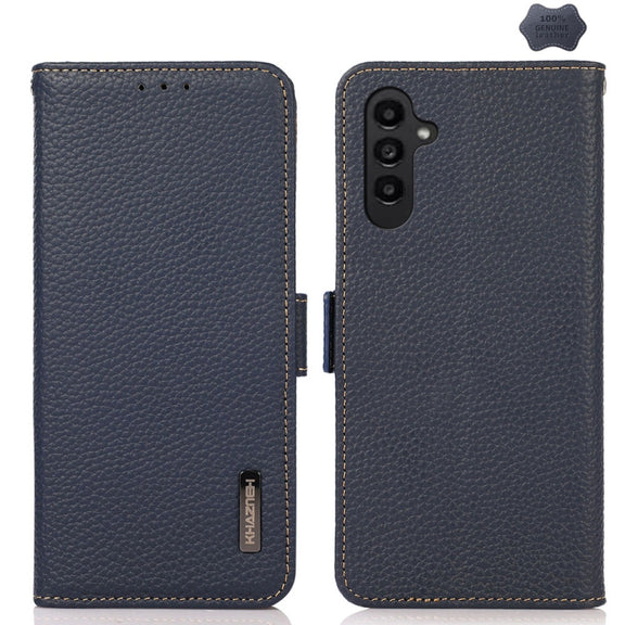 For Samsung Galaxy S24 KHAZNEH Side-Magnetic Litchi Genuine Leather RFID Phone Case(Blue)