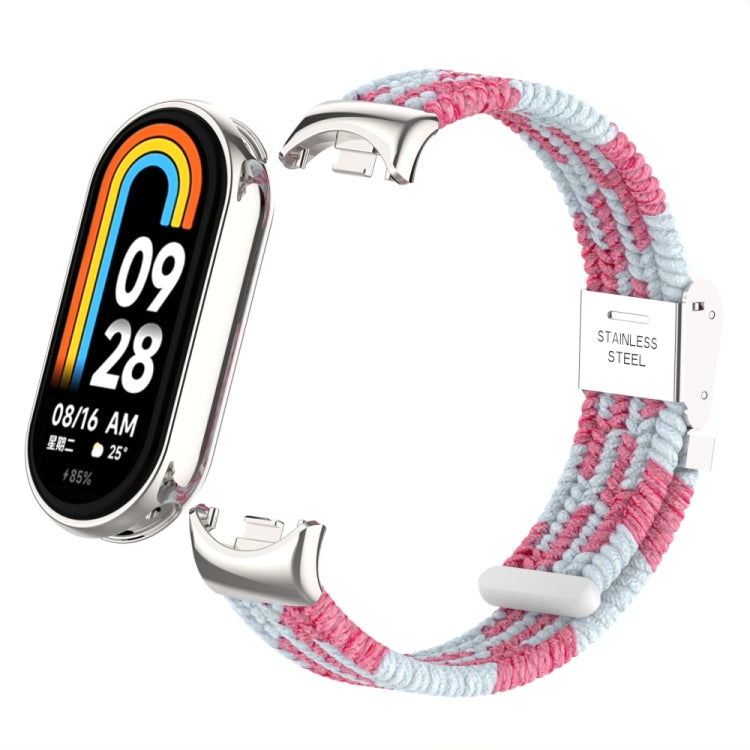 For Xiaomi Mi Band 8 / 8 NFC Metal Head + Nylon Braided Steel Buckle Watch Band(Pink White) - Watch Bands by PMC TechLife | Online Shopping South Africa | PMC TechLife