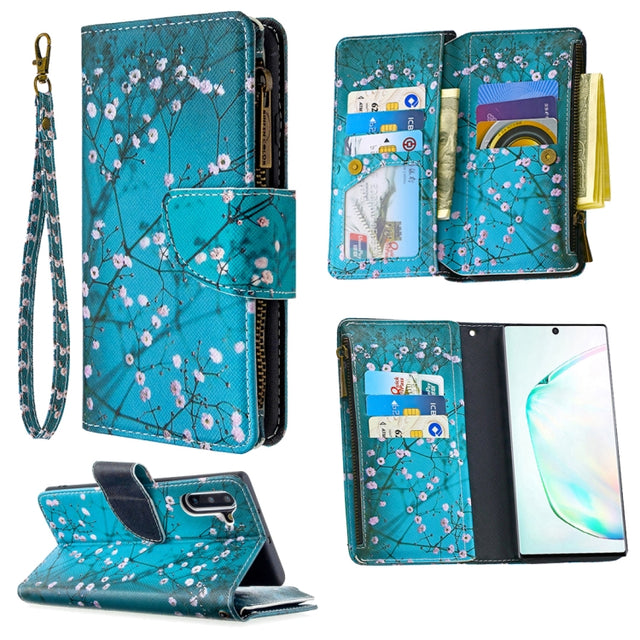 For Samsung Galaxy Note 10 Colored Drawing Pattern Zipper Horizontal Flip Leather Case with Holder & Card Slots & Wallet(Plum Blossom)