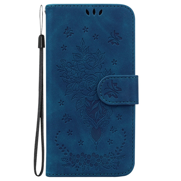 For Motorola Moto G Play 4G 2024 Butterfly Rose Embossed Leather Phone Case(Blue)