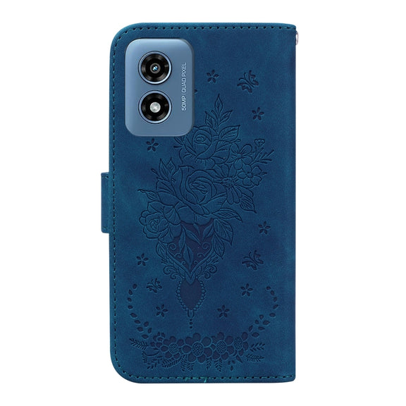 For Motorola Moto G Play 4G 2024 Butterfly Rose Embossed Leather Phone Case(Blue)