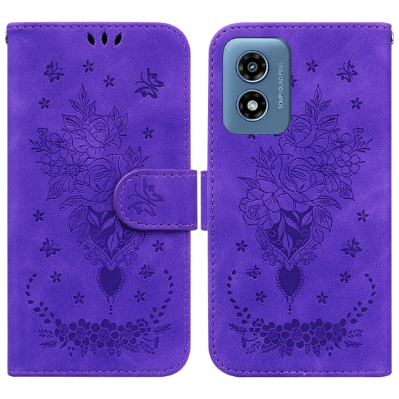 For Motorola Moto G Play 4G 2024 Butterfly Rose Embossed Leather Phone Case(Purple)