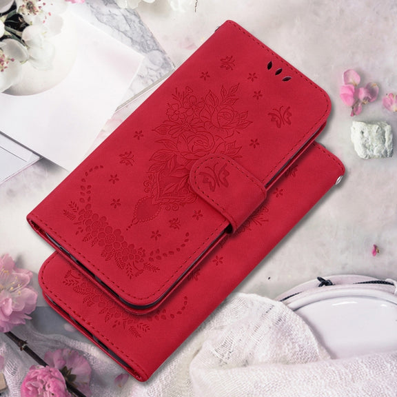 For Motorola Moto G Play 4G 2024 Butterfly Rose Embossed Leather Phone Case(Red)