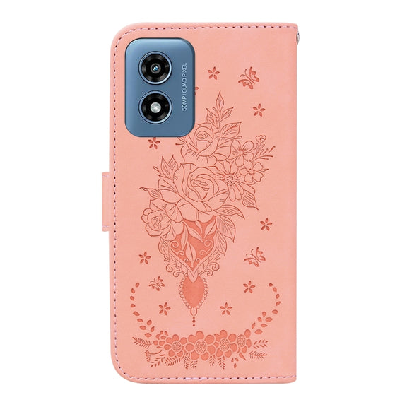 For Motorola Moto G Play 4G 2024 Butterfly Rose Embossed Leather Phone Case(Pink)