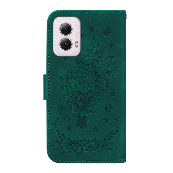 For Motorola Moto G Power 5G 2024 Butterfly Rose Embossed Leather Phone Case(Green)