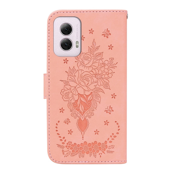 For Motorola Moto G Power 5G 2024 Butterfly Rose Embossed Leather Phone Case(Pink)