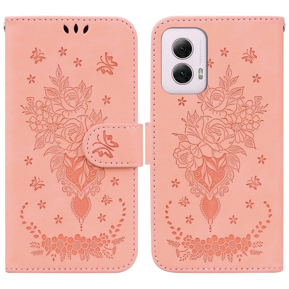 For Motorola Moto G Power 5G 2024 Butterfly Rose Embossed Leather Phone Case(Pink)