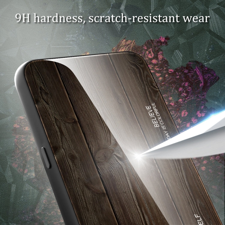For iPhone 16 Wood Grain Glass Phone Case(Dark Brown)
