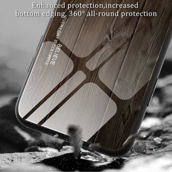 For iPhone 16 Wood Grain Glass Phone Case(Dark Brown)