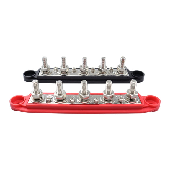 CP-4123 1 Pair RV Yacht M8 Single Row 5-way Power Distribution Block Busbar with Cover(Black + Red)
