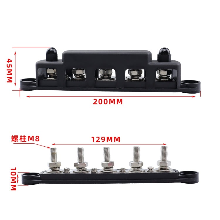 CP-4123 1 Pair RV Yacht M8 Single Row 5-way Power Distribution Block Busbar with Cover(Black + Red)