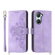 For vivo Y03 Skin Feel Flowers Embossed Wallet Leather Phone Case(Purple)
