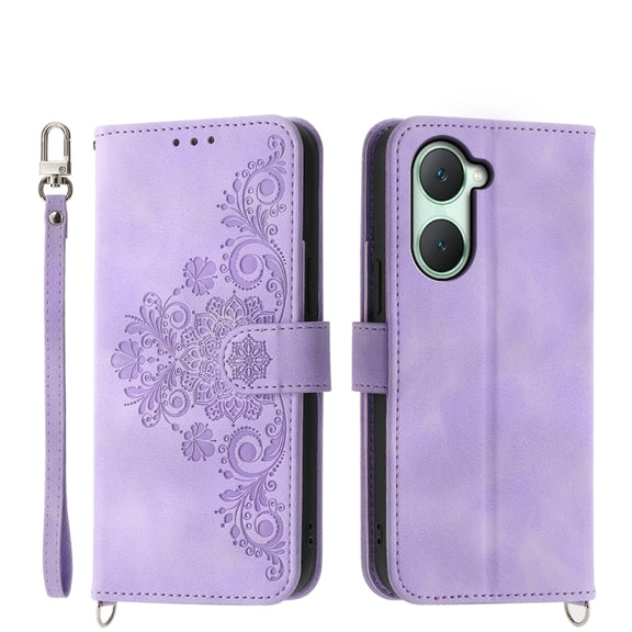 For vivo Y03 Skin Feel Flowers Embossed Wallet Leather Phone Case(Purple)
