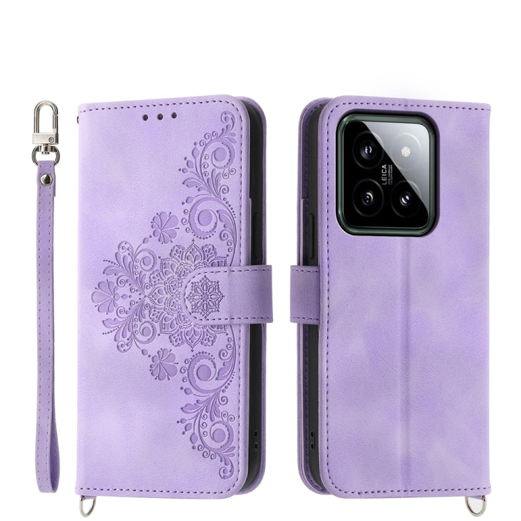 For Xiaomi 14 Skin-feel Flowers Embossed Wallet Leather Phone Case(Purple) - 14 Cases by PMC TechLife | Online Shopping South Africa | PMC TechLife | Buy Now Pay Later Mobicred