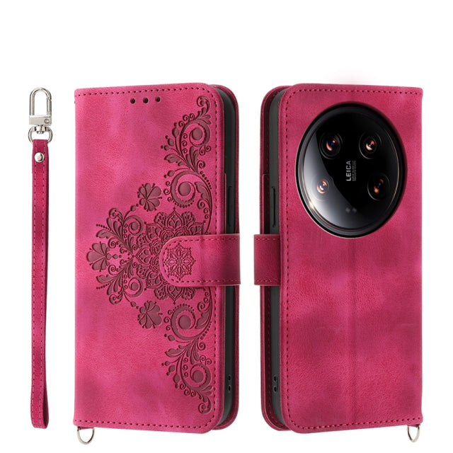 For Xiaomi 14 Ultra Skin-feel Flowers Embossed Wallet Leather Phone Case(Wine Red)