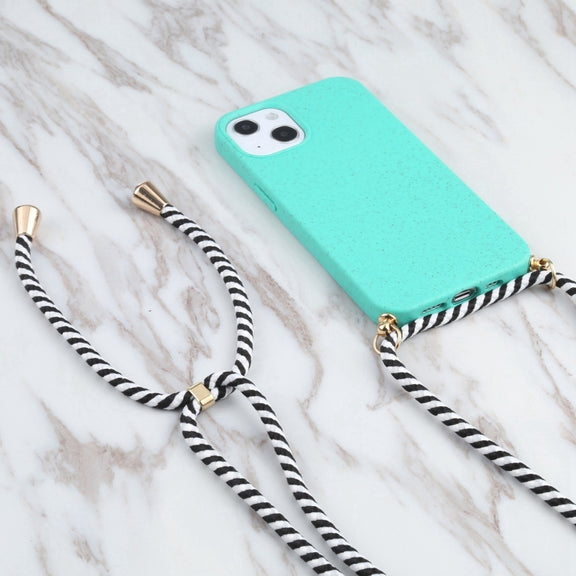 For iPhone 16 Pro Wheat Straw TPU Shockproof Phone Case with Neck Lanyard(Green)