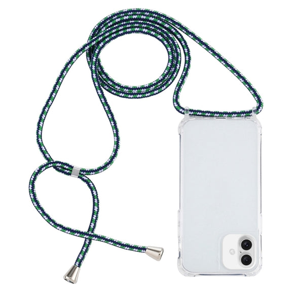 For iPhone 16 Transparent Acrylic Airbag Shockproof Phone Protective Case with Lanyard(Green White Blue)
