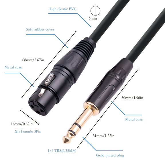6.35mm 1/4 TRS Male to XLR 3pin Female Microphone Cable, Length:10m